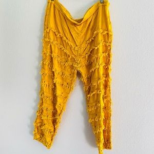 Vintage Retro Modi Cotton Yellow Southwestern Frayed Fringe Stud Duster Pants